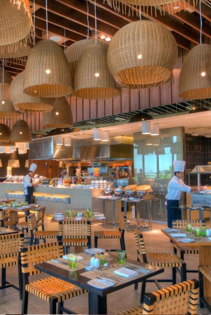 Dining and Buffet with iconic lamps in Abu Dhabi Hotel