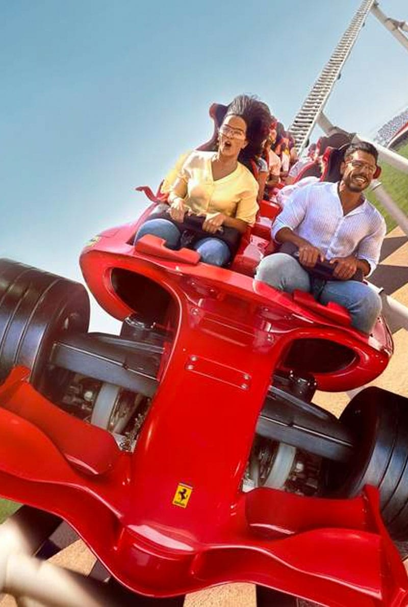 A red f1 car ride in extremely fun rides in Ferrari World