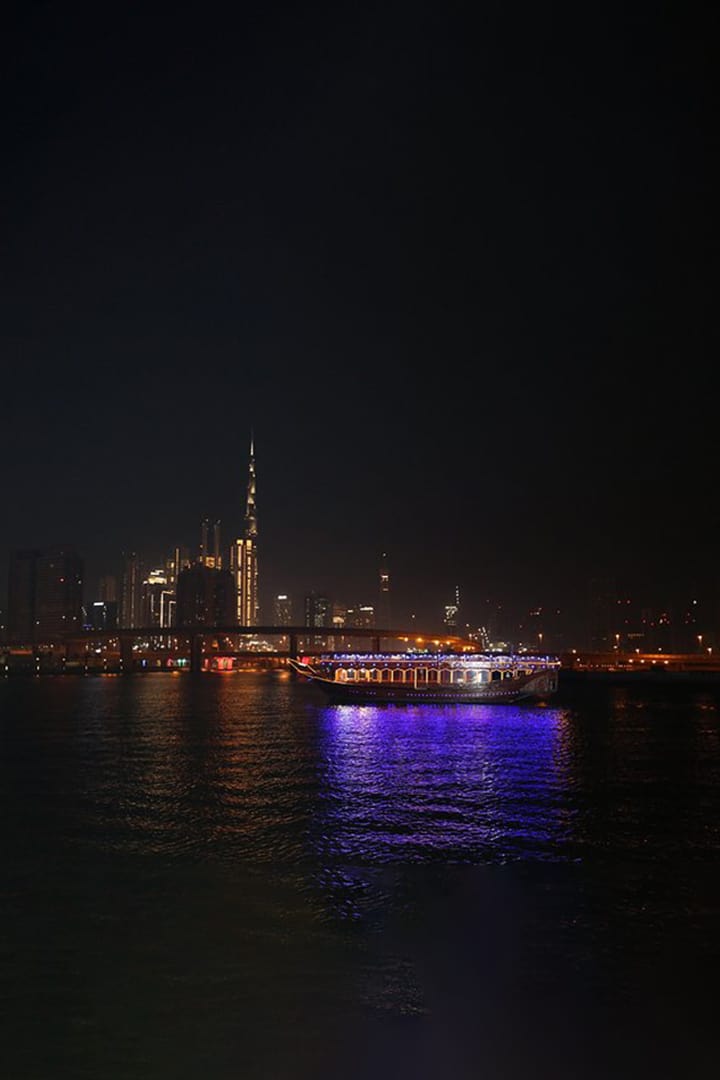 Panoramic View of Burj Khalifa from Zabeel Dhow Cruise in Water Canal